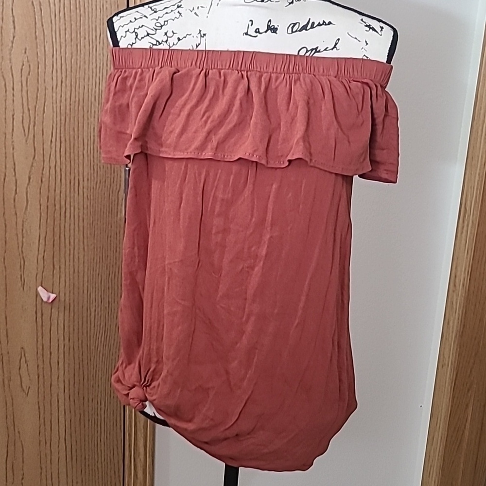 Boho ruffle rust burnt orange off the shoulder knot top